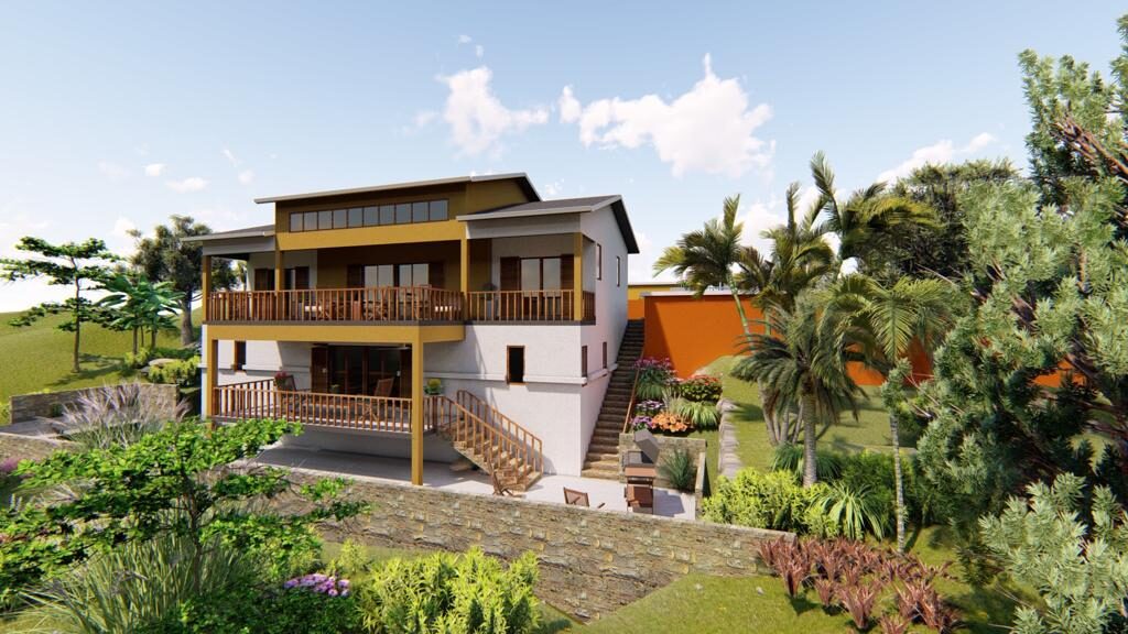 3D render of a hillside villa with wraparound balconies set in tropical landscaping
