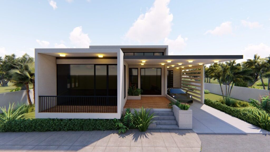 3D render of a modern single storey house with covered carport and glazed front